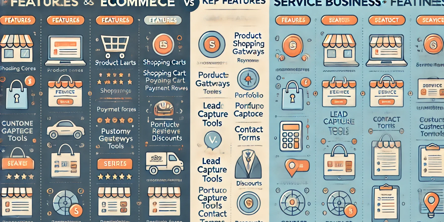 DALL·E 2025-01-27 20.43.54 – A side-by-side comparison chart illustrating the key features of eCommerce and service business websites. The chart is clean and professional, with a