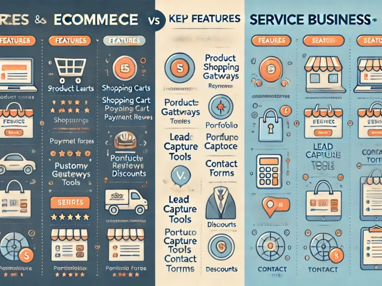 DALL·E 2025-01-27 20.43.54 – A side-by-side comparison chart illustrating the key features of eCommerce and service business websites. The chart is clean and professional, with a