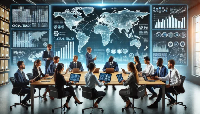 DALL·E 2025-03-20 22.46.42 – A diverse team of logistics professionals in a modern office setting, analyzing global trade data displayed on multiple large screens. The background