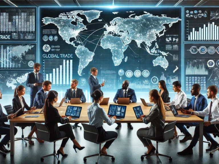 DALL·E 2025-03-20 22.46.42 – A diverse team of logistics professionals in a modern office setting, analyzing global trade data displayed on multiple large screens. The background