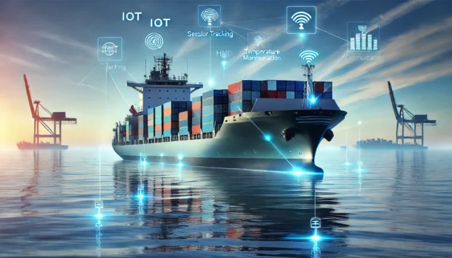 DALL·E 2025-03-22 22.47.01 – A large cargo ship sailing across calm ocean waters under a clear blue sky. The ship is equipped with visible IoT sensors and satellite communication