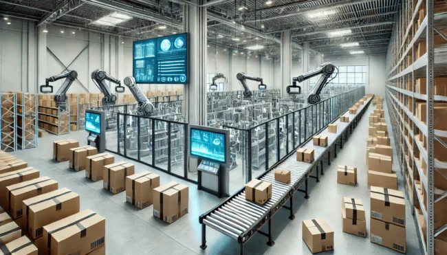DALL·E 2025-03-23 22.45.55 – A modern freight forwarding warehouse interior with advanced automation systems in operation. Robotic arms and conveyor belts efficiently sorting and