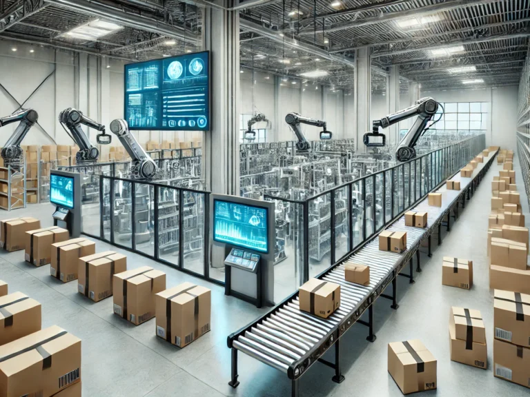 DALL·E 2025-03-23 22.45.55 – A modern freight forwarding warehouse interior with advanced automation systems in operation. Robotic arms and conveyor belts efficiently sorting and